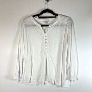 J Jill White Smocked Shoulder Henley Long Sleeve Petite Top M boho cottage